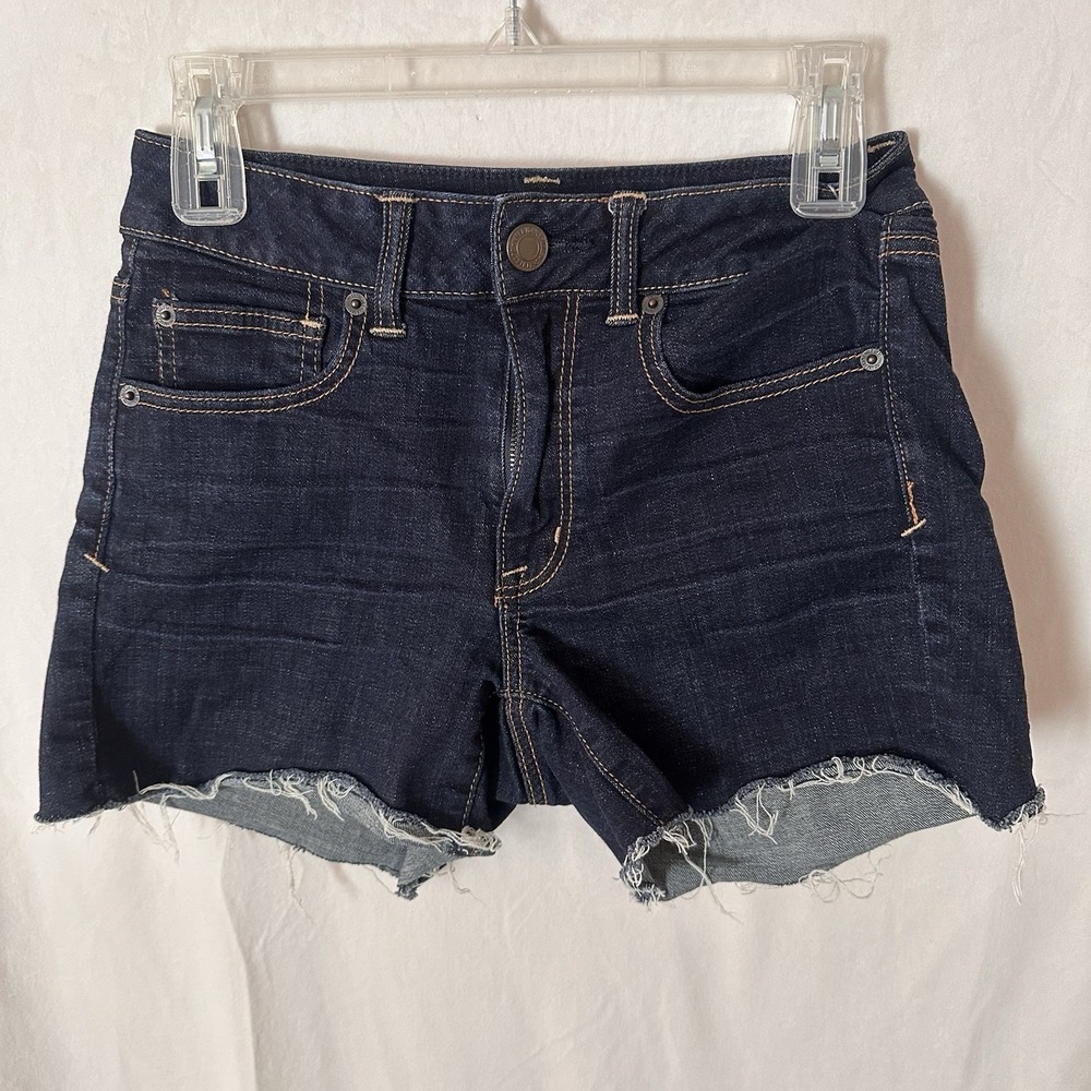 Vintage Y2K American Eagle Women's Dark Blue Denim Super Stretch CutOff Shorts 6